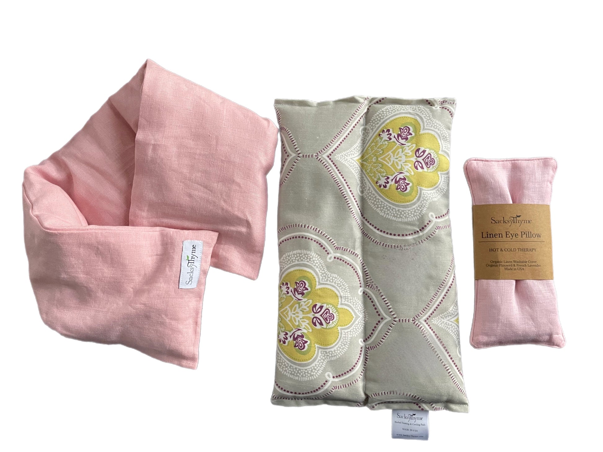Sacksy Thyme Birthday Gift Set - 3 Piece - Lavender Heat Pad, Linen Neck Wrap & Linen Eye Pillow - Luxury Birthday Gift Set for Women - Unique Women's Gift Basket - Card for Personalized Message
