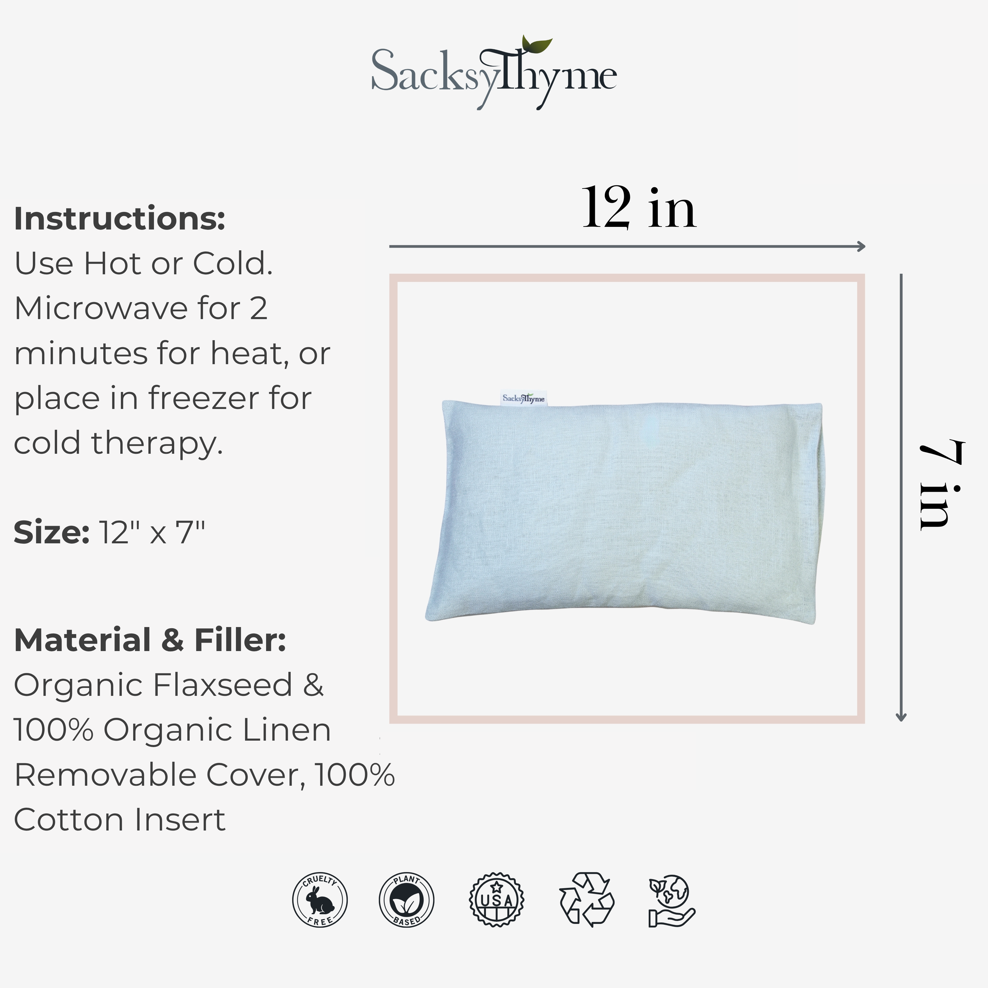 Linen Spa Pillow, Microwavable Heating Pad, Removable Cover, 12" x 7"