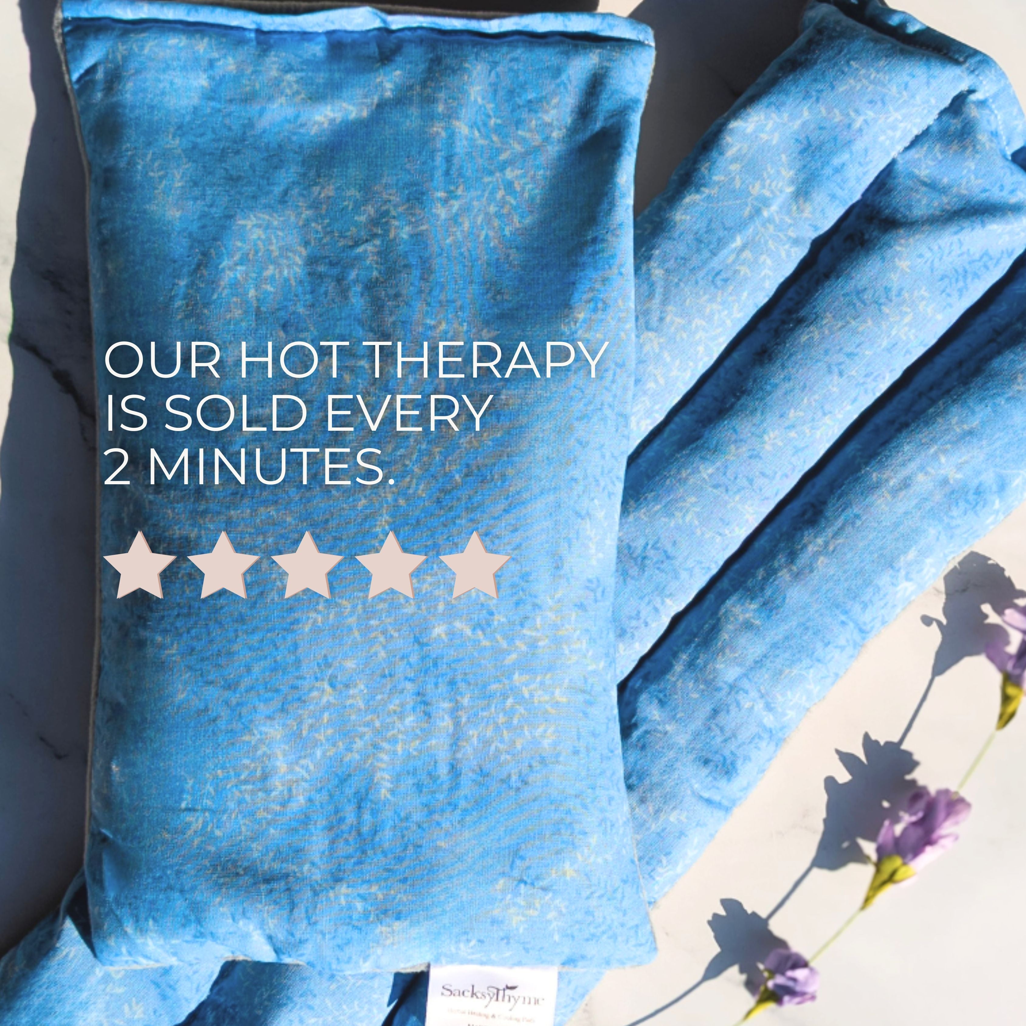 Blue hot therapy pillow with text and star rating on a floral background