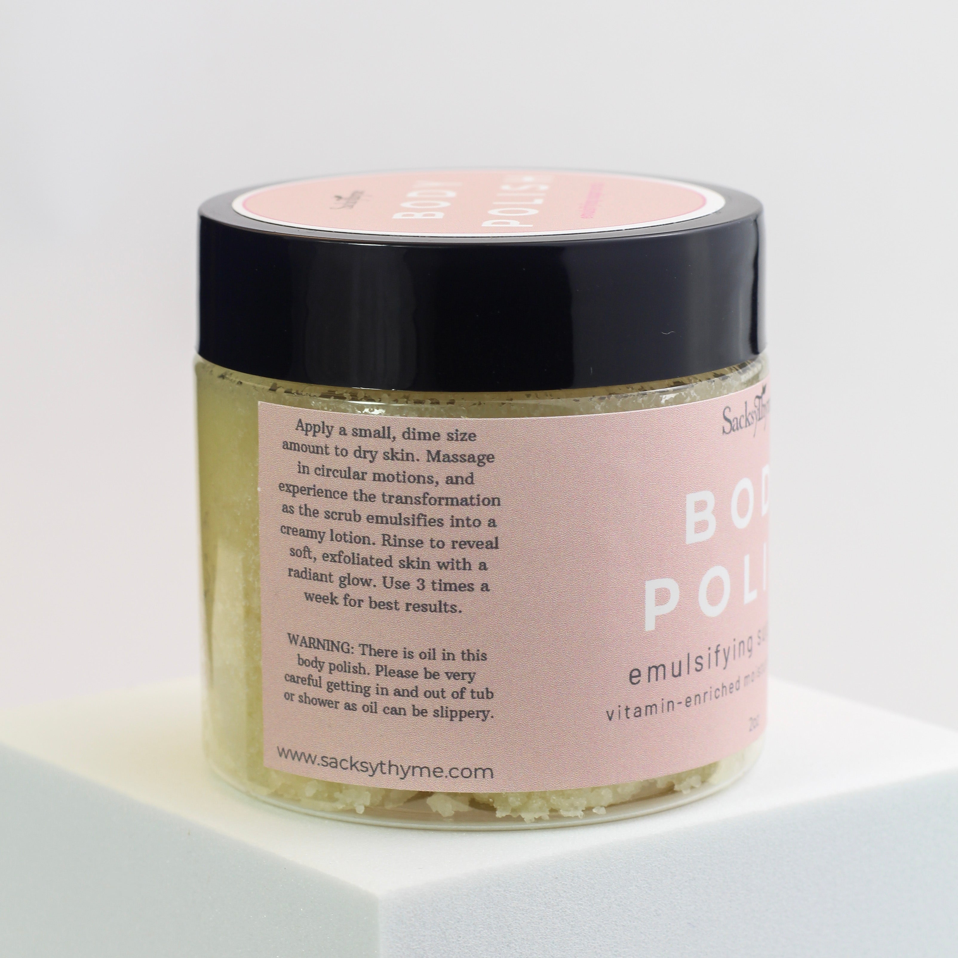 Emulsifying body polish, skin-loving ingredients, sugary exfoliation, jojoba oil, olive oil, deep hydration, shea butter, cocoa butter, luxurious moisture, vitamin E, nourish, protect, soft skin, supple skin, rejuvenated, lavender oil, bergamot oil, soothing, aromatic, skincare routine, natural goodness, revitalizing, vitamin-rich, nourishing, therapeutic, skin care, luxurious touch, self-care, revitalized.