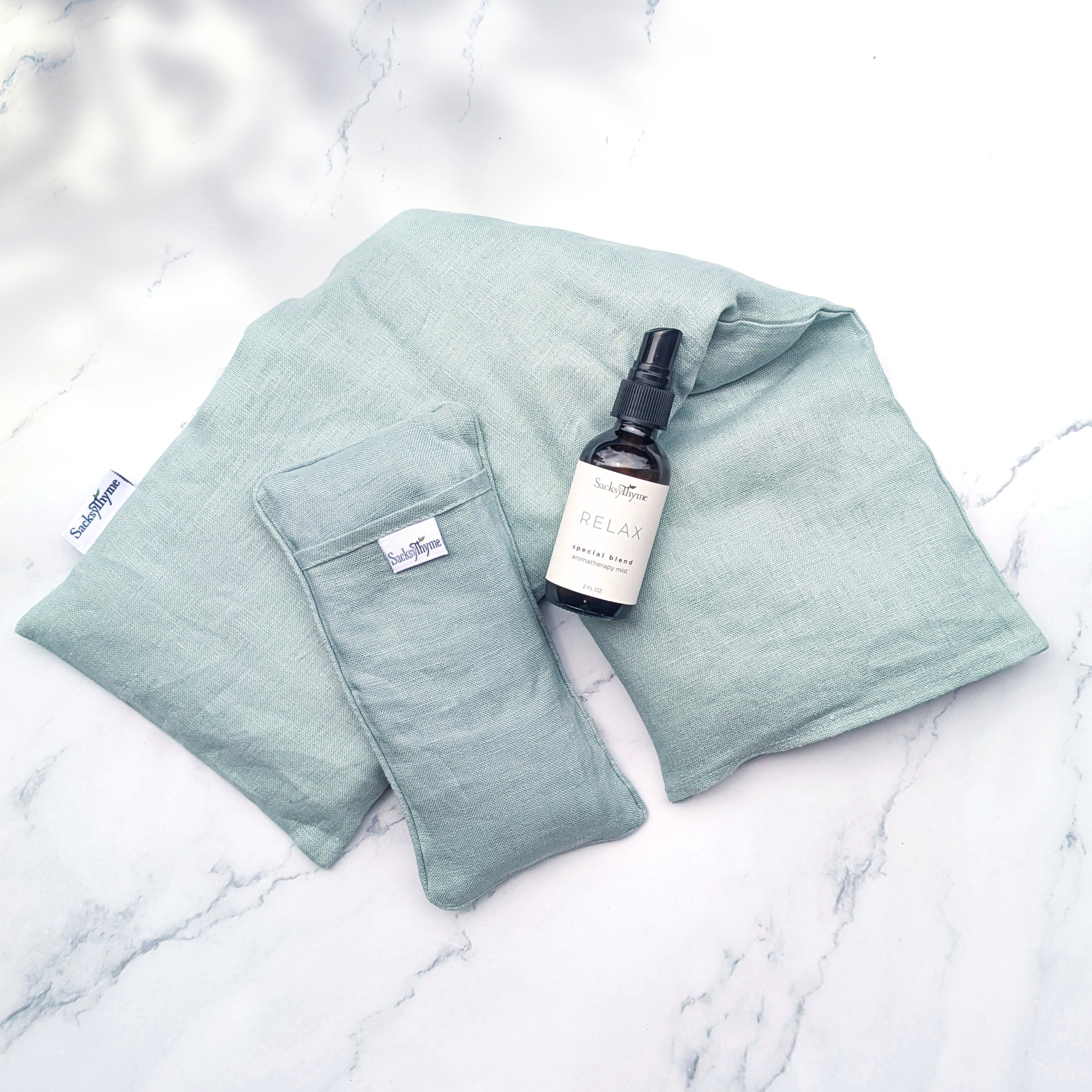 Microwavable Linen Neck Wrap, Eye Pillow + Aroma Spray Bundle (3 Piece)