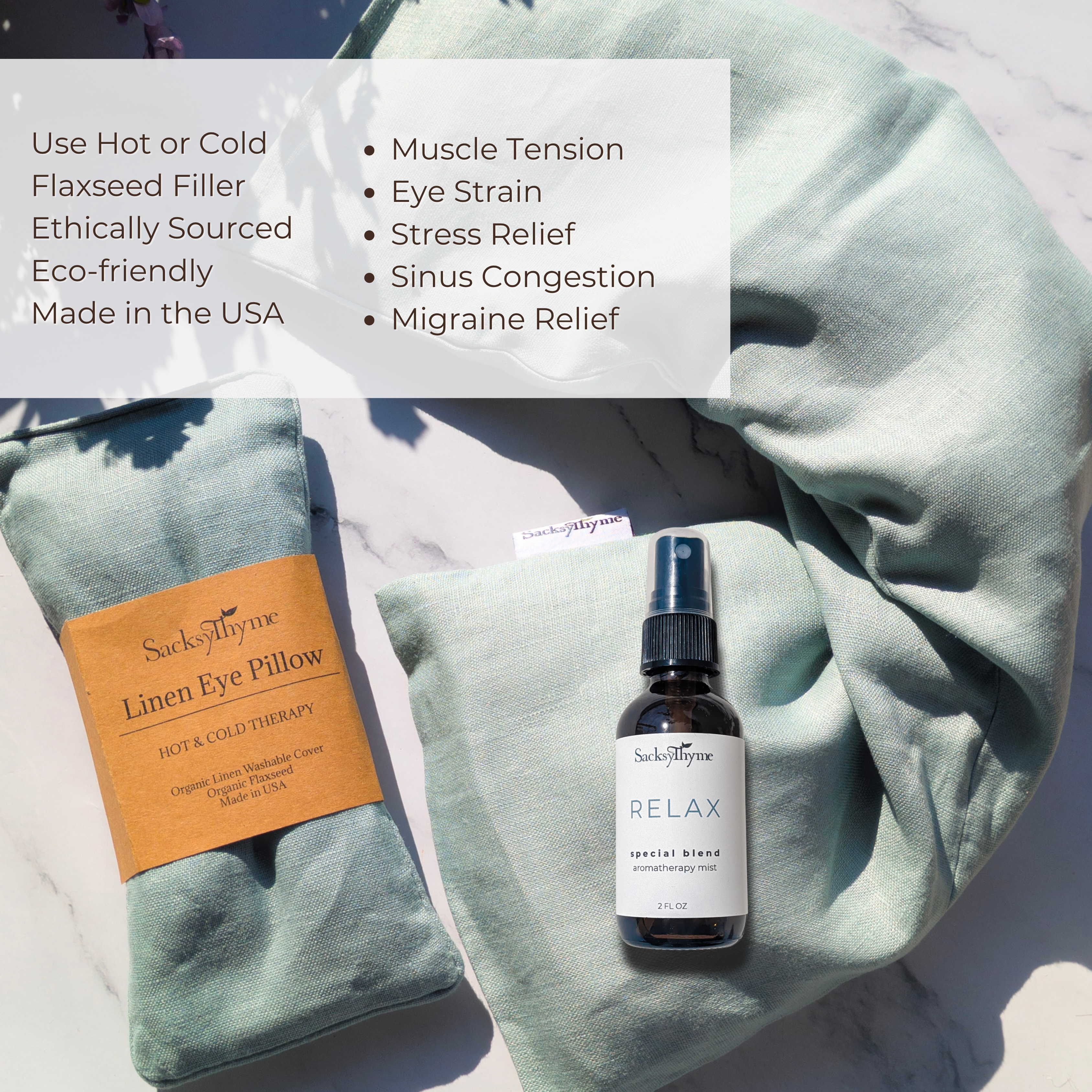 Microwavable Linen Neck Wrap, Eye Pillow + Aroma Spray Bundle (3 Piece)