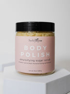 Emulsifying body polish, skin-loving ingredients, sugary exfoliation, jojoba oil, olive oil, deep hydration, shea butter, cocoa butter, luxurious moisture, vitamin E, nourish, protect, soft skin, supple skin, rejuvenated, lavender oil, bergamot oil, soothing, aromatic, skincare routine, natural goodness, revitalizing, vitamin-rich, nourishing, therapeutic, skin care, luxurious touch, self-care, revitalized.