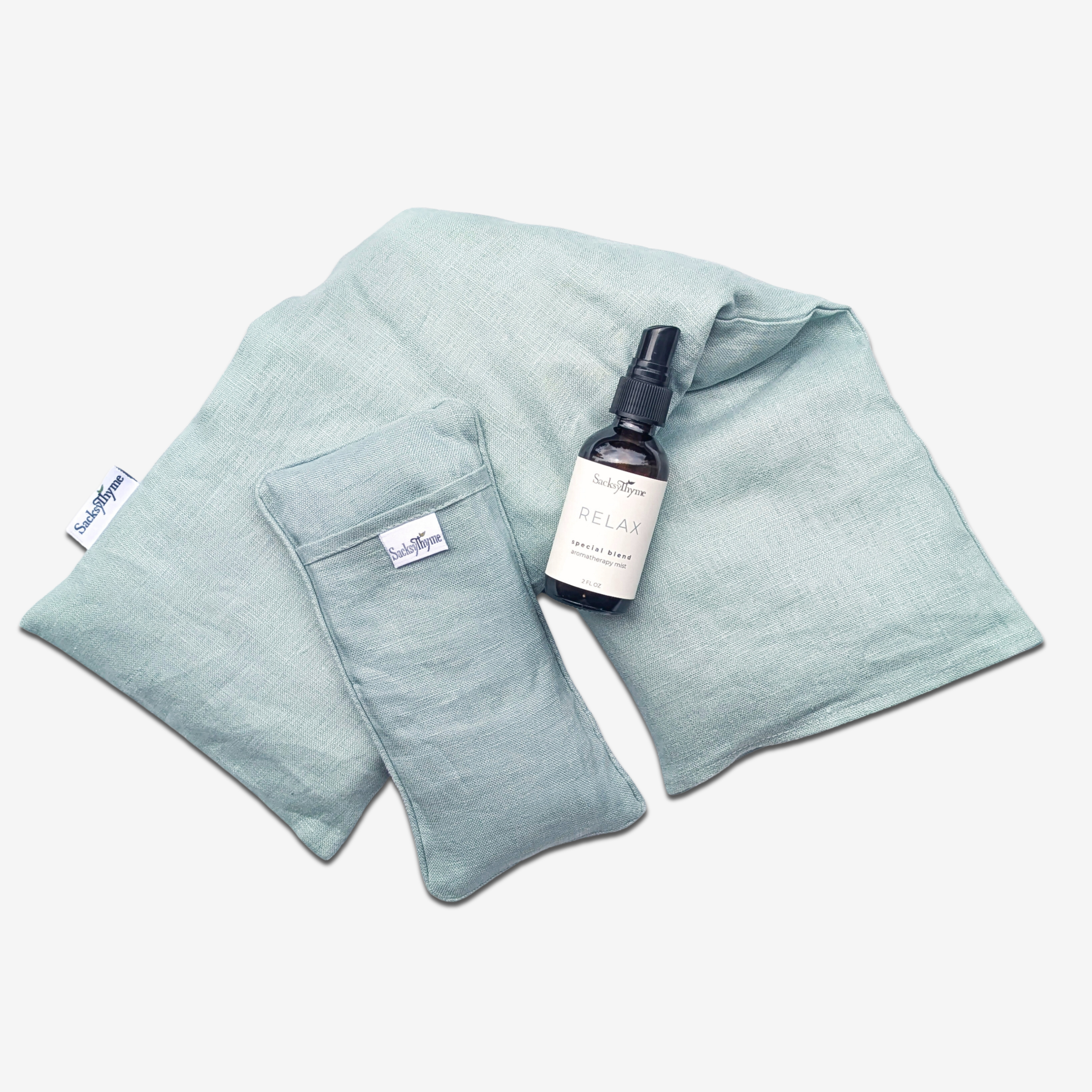Microwavable Linen Neck Wrap, Eye Pillow + Aroma Spray Bundle (3 Piece)